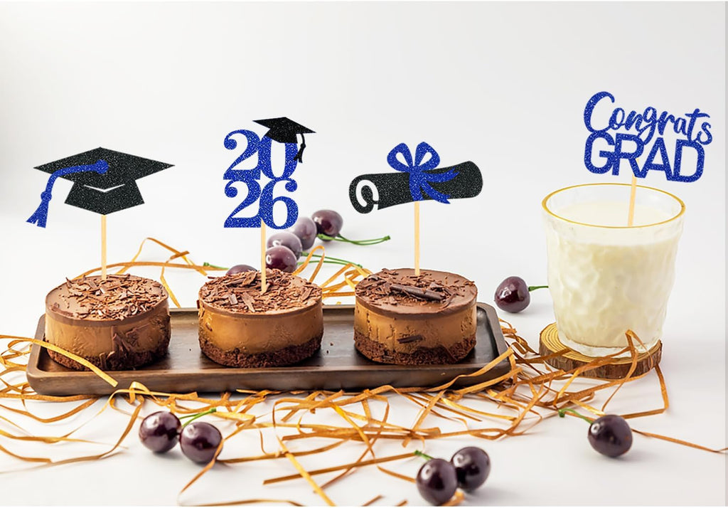 24Pcs Graduation Cupcake Toppers, Black and Blue Graduation Decorations Class of 2026 Cupcake Toppers (Black Blue)