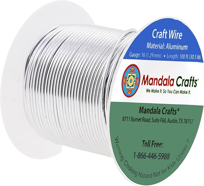 Mandala Crafts 16 Gauge Anodized Aluminum Craft Wire for Jewelry Making - 100 FT Colored Flexible Silver Tone Wire - Bendable for Bonsai Armature Crafting Sculpting