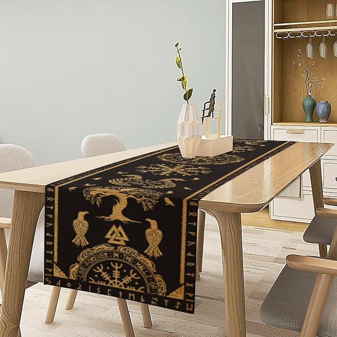 Viking Tree of Life Abstract Table Runner for Living Room Home Party Coffee Dining Party Wedding Golden Black Celtic Style Geometric Dragon Boat Rudder Ancient Script Table Runner 13x108 Inch
