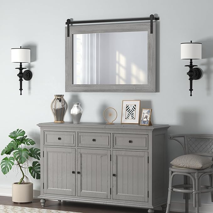 COGOOD Farmhouse Bathroom Mirror - 41" x 30" Rustic Barn Door Mirror for Living Room, Entryway, Bedroom, Vanity Wall Decor (Grey)