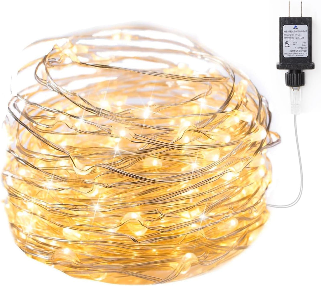 Minetom Fairy Lights Plug in, 33Ft 100 LEDs Waterproof Silver Wire Firefly Light, Adaptor Included, Starry String Lights for Wedding Patio Indoor Outdoor Christmas Decorations, Warm White