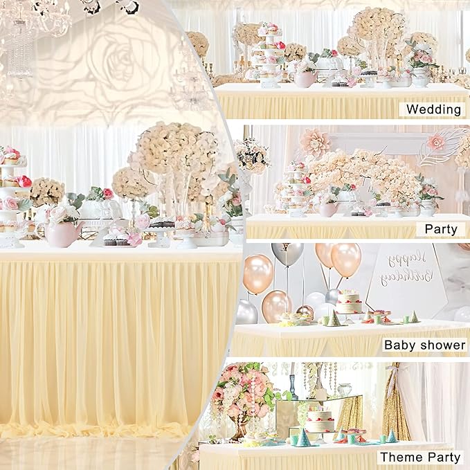 9ft Champagne Table Skirt for Weddings Table Cloth Elegant Tutu Table Skirt Cover for Birthday Party Baby Shower Dessert Buffet Banquet Decorations