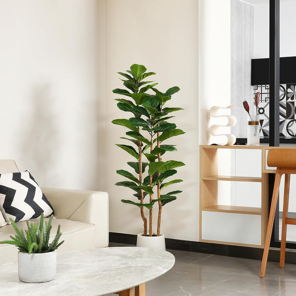 artificial fiddle leaf fig tree with white planter, close-up detail