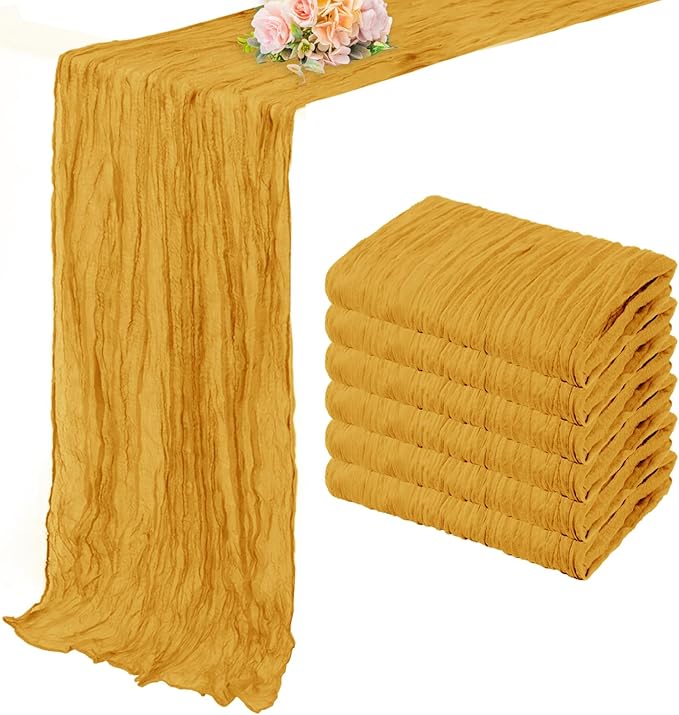 6 Pack Mustard 10FT Cheesecloth Table Runner Rustic Gauze Fabric Cheese Cloth Table Runner for Wedding Bridal Baby Shower Table Decor Boho Sheer Birthday Party Table Decorations 20 x 120 Inch Long
