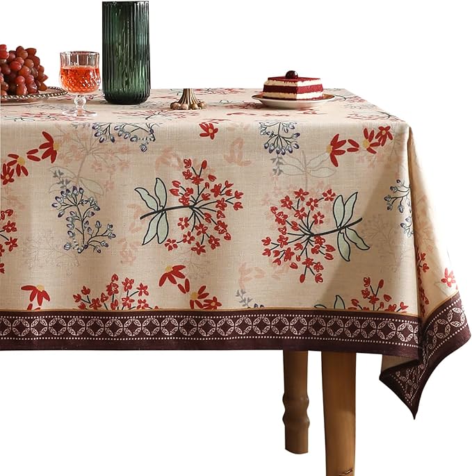 patdrea Designer French Linen Rectangular Table Cloth,Vintage Red Floral Fall Tablecloth,Breathable Dacorative Cover for Kitchen Dining,Tea Party,Christmas,Thanksgiving,Holiday,55"x87"-Newmari