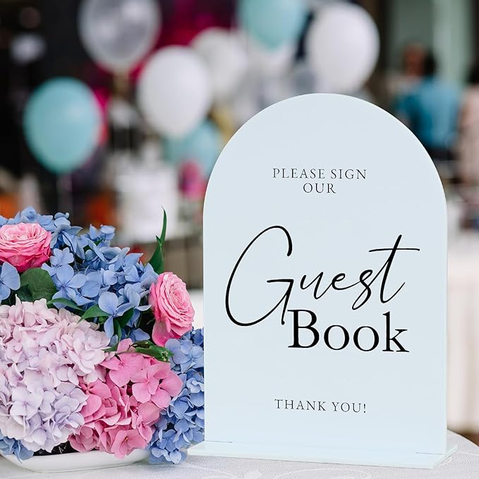 White Arch Acrylic Wedding Sign- 5"x7" Guest Book Sign and Base,1/8" Thick | Modern Calligraphy Arched Acrylic Table Sign for Wedding & Event Party