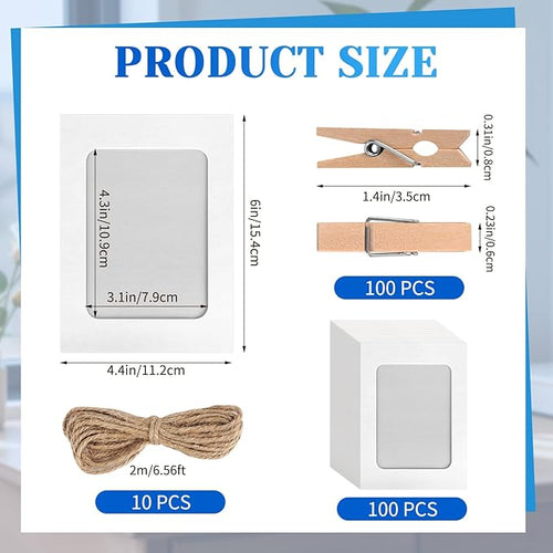 100 Pack Paper Picture Frames, 4x6 Inch Photo Strip Frame Hanging Photo Display Banner, White Photo Holder with Wooden Clips and String for Wall Decor and Party Supplies