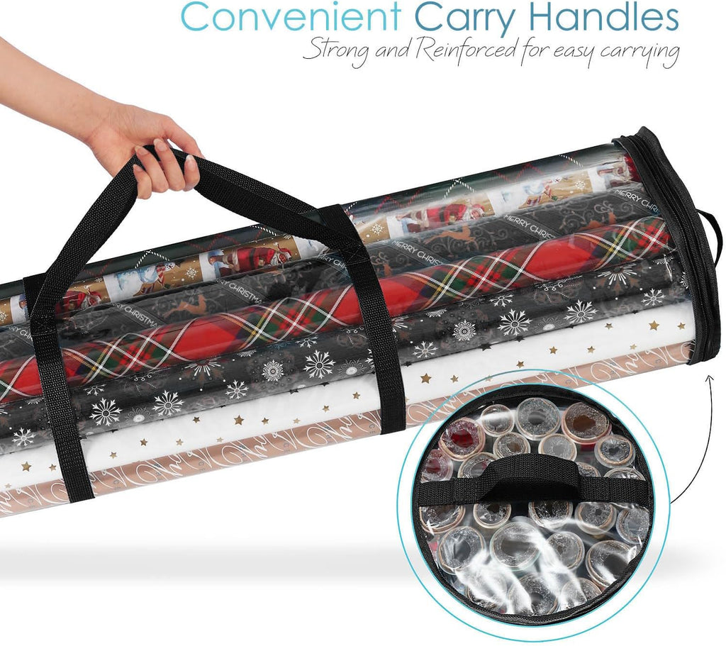 Hearth & Harbor Wrapping Paper Storage Container and Clear Wrap Paper Holder - Christmas Storage Bag with Interior Pockets - Fits Up to 36 Rolls of 40" - Tear Proof, Black