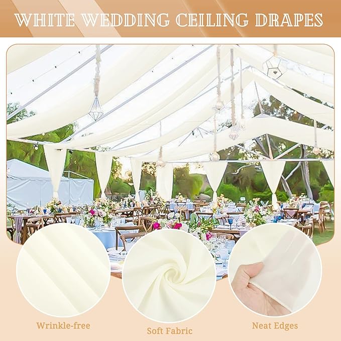 4 Panels Ivory Ceiling Drapes for Wedding 5ftx30ft Sheer Drapery Chiffon Fabric Arch Draping Curtains for Party Ceremony Birthday Baby Shower Reception Stage Ceiling Decorations