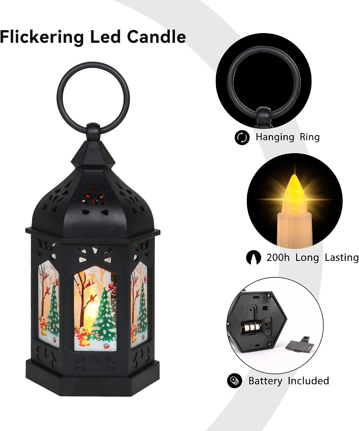 LLQ 12Pcs Christmas Decorations Mini Lanterns with Xmas Pattern & Flicker LED Candles, Vintage Christmas Centerpieces, Black Lantern Decorative, Small Candle Holder for Holiday Party Table, Ornaments