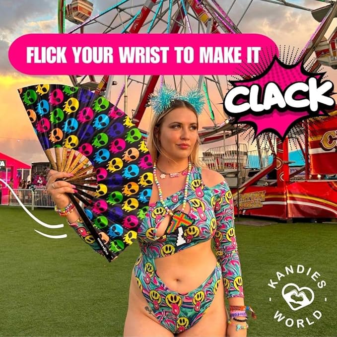 Kandies World UV Reactive Custom Festival Folding Hand Fan - Unique Designs, Made of Bamboo, Clacking Sound, Lightweight - Perfect Rave and Festival Accessory!