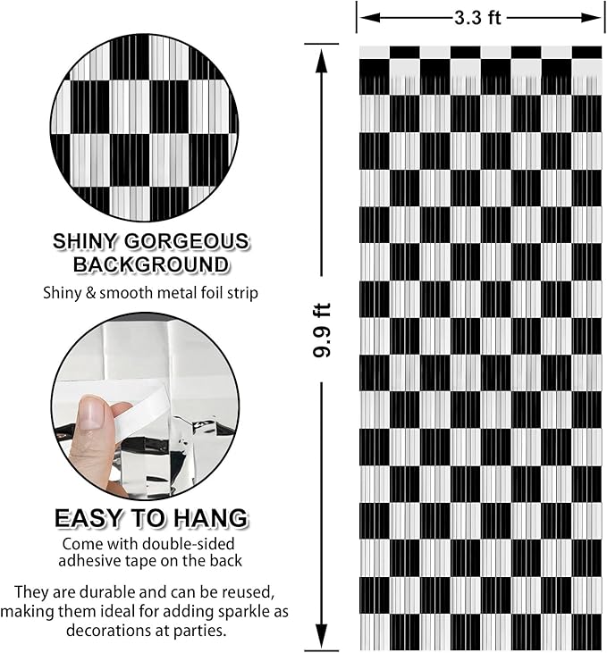 Crosize 2 Pack 3.3 x 9.9 ft Black & White Foil Fringe Curtains Party Decorations, Black & White Tinsel Curtain Backdrop for Parties, Door Streamers, Glitter Streamer Backdrop for Birthday Decoration