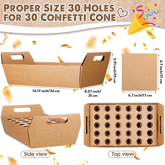 6 Set Wedding Confetti Cone Holder Box Each Includes 30 Pieces of Cone Papers and 30 Holes for 30 Confetti Cones Box Party Confetti Cone Kraft Stand Tray Box for Wedding Party Candy Flower
