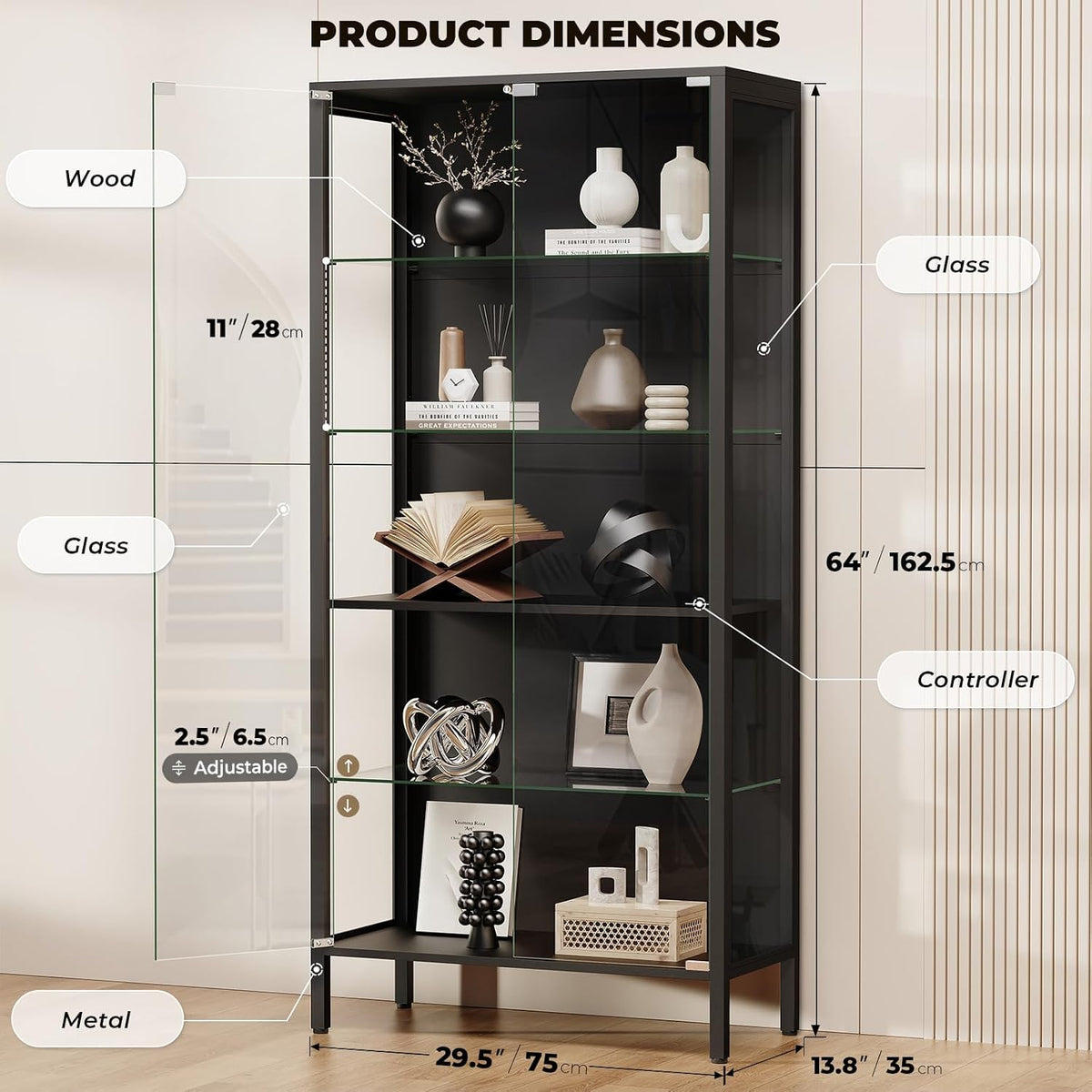 glass display cabinet, 5-tier display case with adjustable shown in use