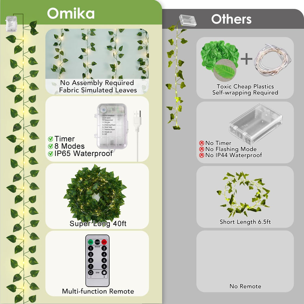 OMIKA Vine with Fairy Lights Battery Operated, 2 Pack 40FT 120LED Pothos String Lights with Remote, Pothos Leaf Lights for Bedroom, Wall, Garden, Party, Wedding Decor(Warm White)