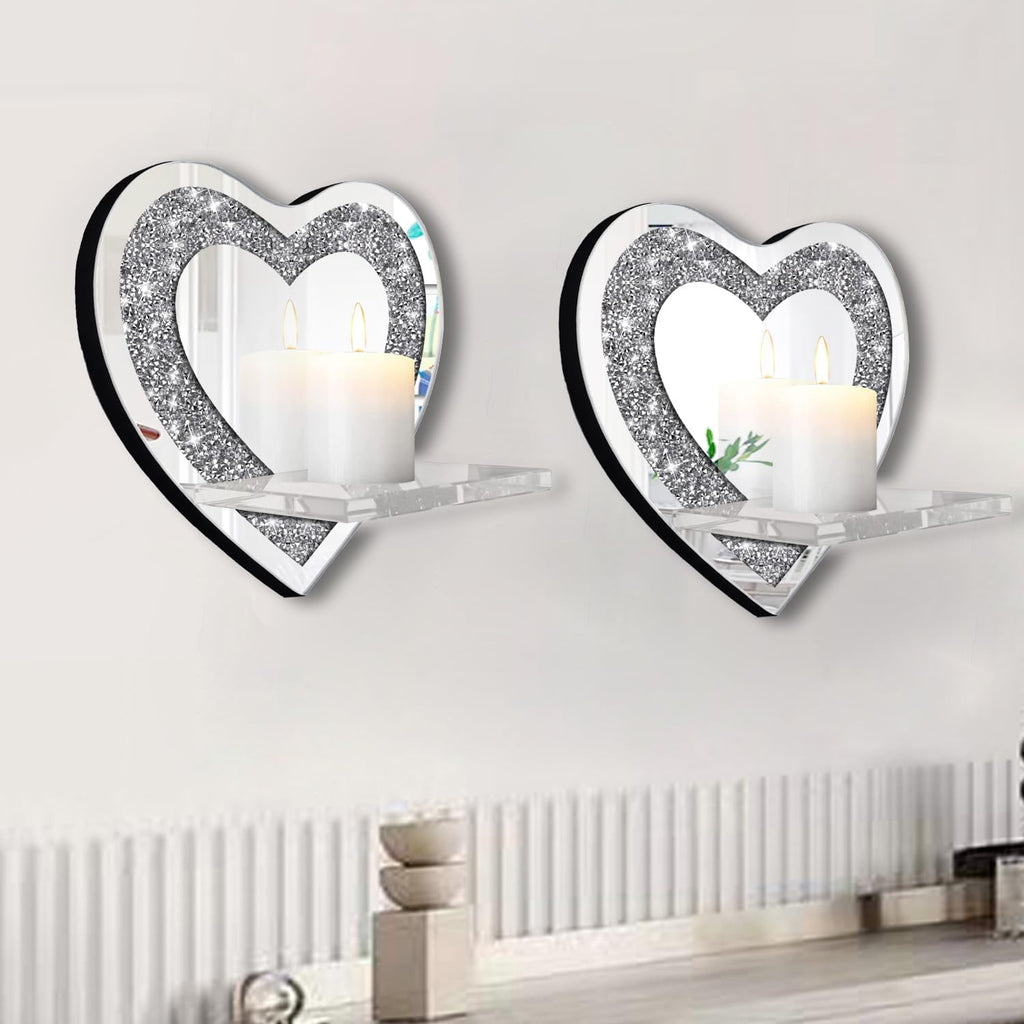 ZOLAPI Set of 2 Crystal Crush Diamond Candle Sconces, Gorgeous Silver Mirrored Wall Sconce, Candle Holder Glass Wall Decorations for Home Décor, Living Room, Dining Room.Heart Shaped