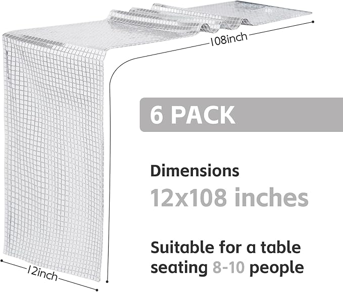 SquarePie Disco Table Runner 6 Pack - Silver Mirror Sequin Glitter Foil Runner for Disco Party Decor Retro 70s 80s Theme, Bachelorette Birthday Dance Decoration 12x108 Inch