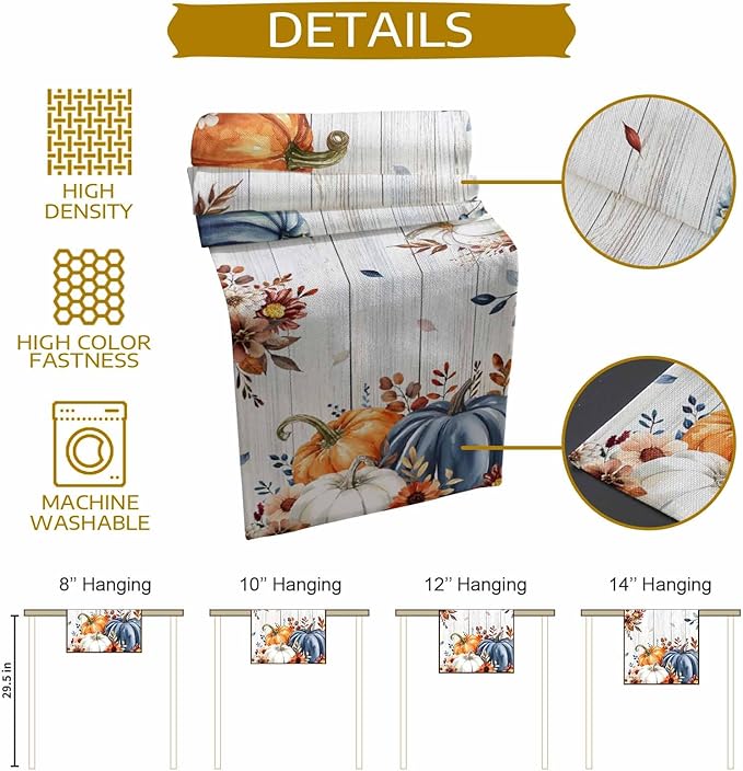 Thanksgiving Fall Cotton Linen Table Runner for Dining Kitchen, Pumpkins Eucalyptus Wedding Outdoor Party Tablerunners Decoration, Farmhouse Wooden Dresser Scarf Coffee Tablecloth Runners 13x36 Inches