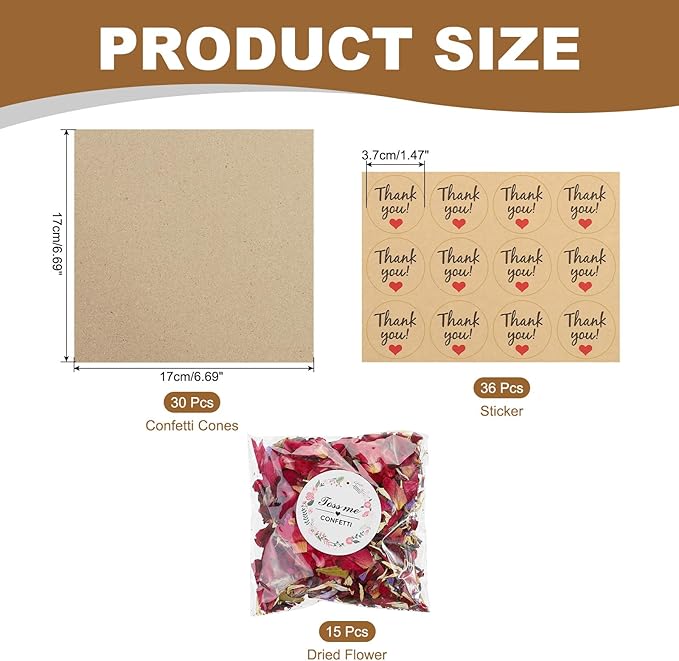 PATIKIL Dried Flower Confetti Cones, 30Pcs Paper Tapers Cone Holder with Dried Rose Petals / Sticker for Wedding Party Engagement Birthday DIY Decoration, Red/Purple