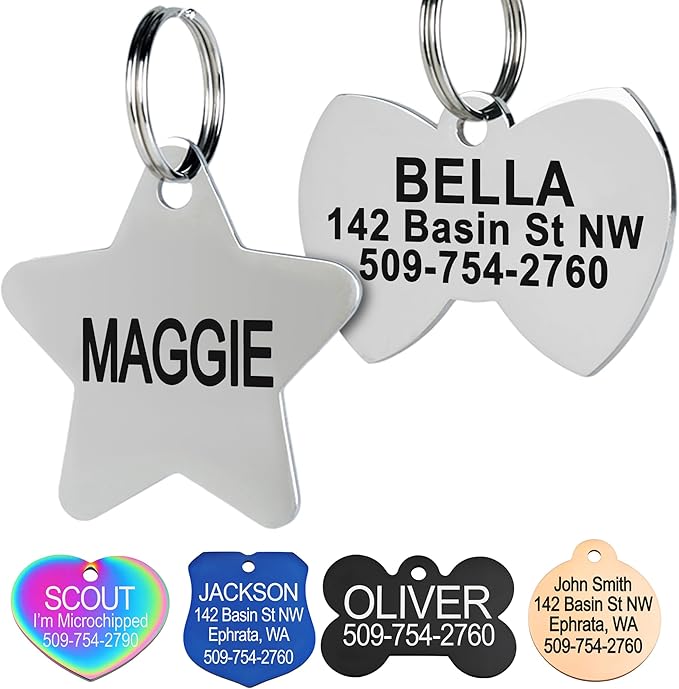 GoTags Stainless Steel Pet ID Tags, Personalized Dog Tags and Cat Tags, up to 8 Lines of Custom Text, Engraved on Both Sides, in Bone, Round, Heart, Bowtie and More (Star, Regular (Pack of 1))