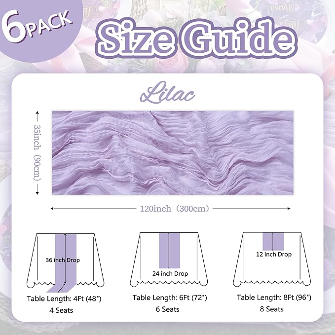 6 Pack Lilac Purple Table Runner 10ft Boho Gauze Fabric Cheesecloth Table Runner 35 x 120 Inch Rustic Sheer Runner for Romantic Wedding Decor Baby Shower Party Table Centerpiece Decoration