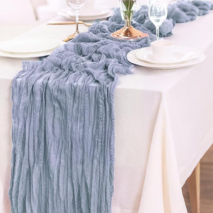 6-Pack Dusty Blue Cheesecloth Table Runners – 10FT (35x120 Inch) Boho Rustic Gauze Fabric Cheese Cloth Table Runner for Weddings, Baby Showers, Bridal Shower, Farmhouse & Birthday Party Decor