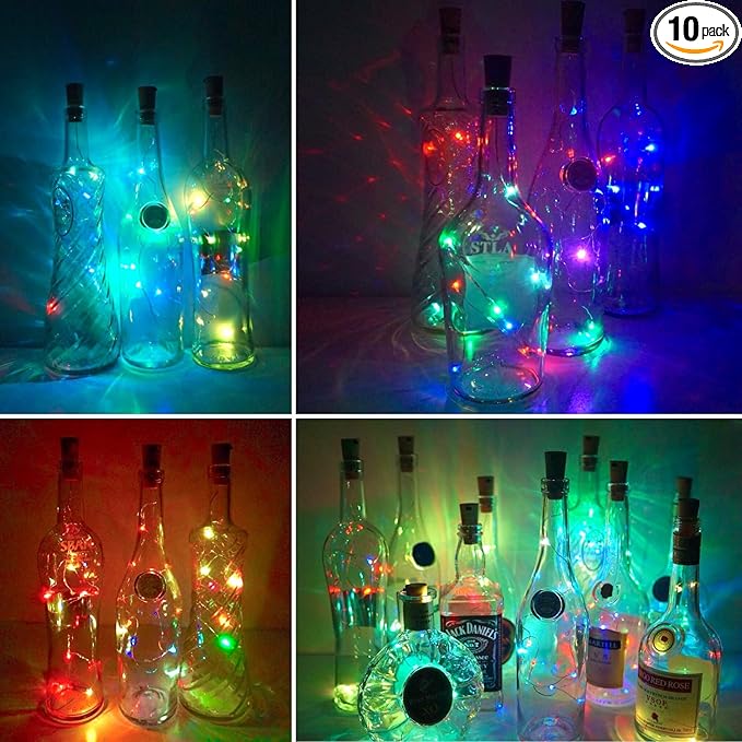 Wine Bottle Lights with Cork, 10 Pack Battery Operated 10 LED Cork Shape Silver Copper Wire Colorful Fairy Mini String Lights for DIY,Party,Decor,Christmas,Halloween,Wedding