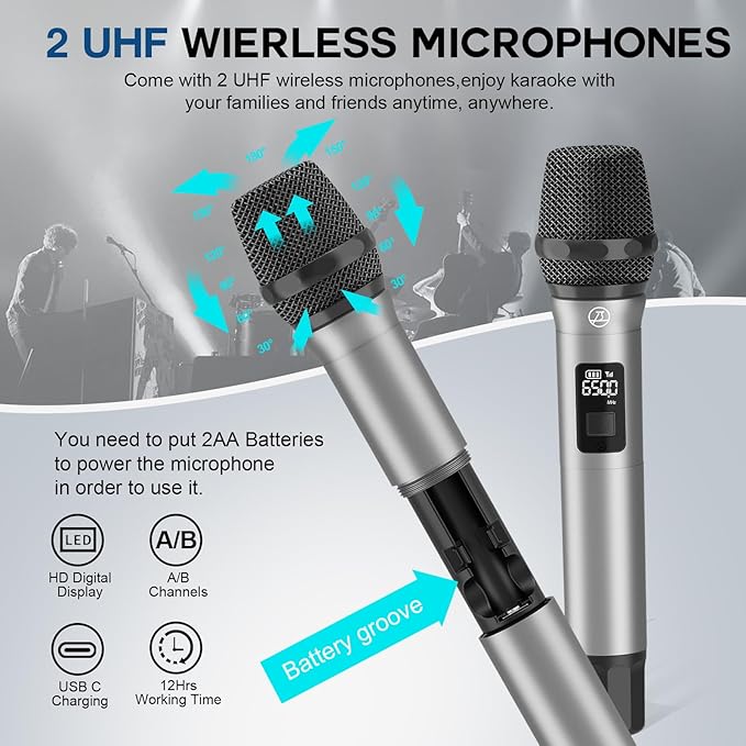 320W Peak Power Karaoke Machine with Rich Deep Bass for Adults Portable Bluetooth Singing PA Speaker System Bass/Treble Adjustment with 2 UHF Wireless Microphones for Home Party Wedding Outdoor