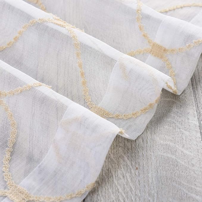 Embroidered Wave Diamond Sheer Curtains Gold 63 Inch Length, Rod Pocket Voile Drapes for Living room, Bedroom, Window Treatments Semi Curtain Panels for Yard, Patio, Villa, Parlor, Set of 2, 52"x 63".