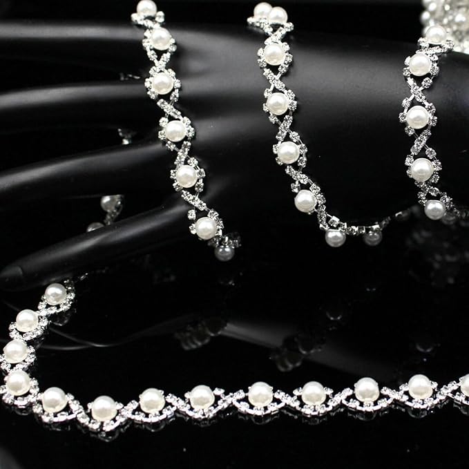 1 Yard Pearl Trim Chain Rhinestone Silver String Crystal Applique Fringe Ribbon Strips Beads Sewing Dress DIY Party Wedding Bouquet for Decoration Bridal Costume Embellishment