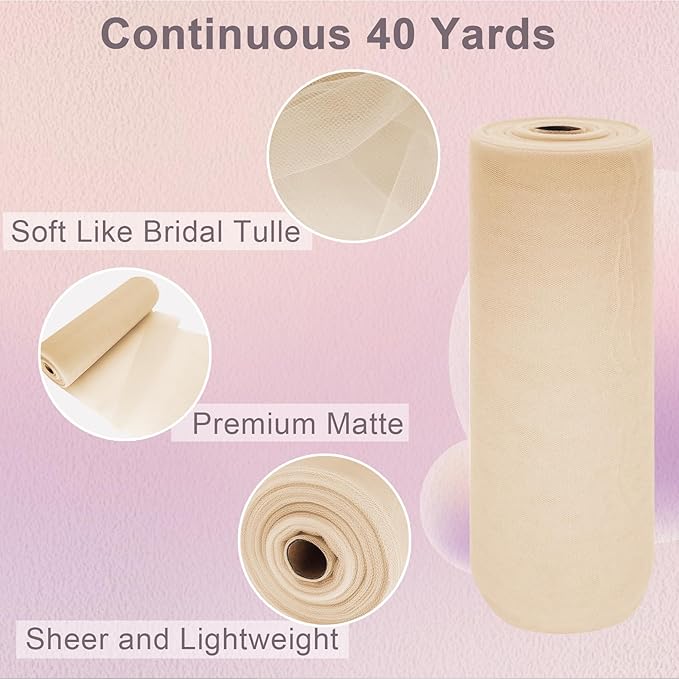 Beige Tulle Fabric Roll Spool Bolt (54 Inch by 40 Yards) Large Tulle Wedding Party Decoration, Tutu Skirt, Table Runner, Gift Wrapping, Bridal Shower, Soft & Drape (Beige)