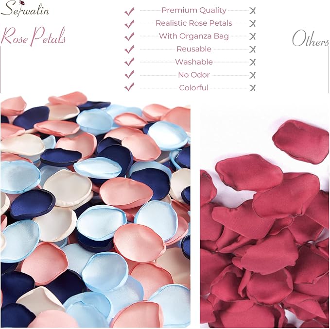 Serwalin 300pcs Silk Rose Petals Flower Petals for Weddings Pink Navy Blue Rose Petals Artificial Flower Petals for Proposal Flower Girl Basket Bridal Shower (4 Color Mixes)