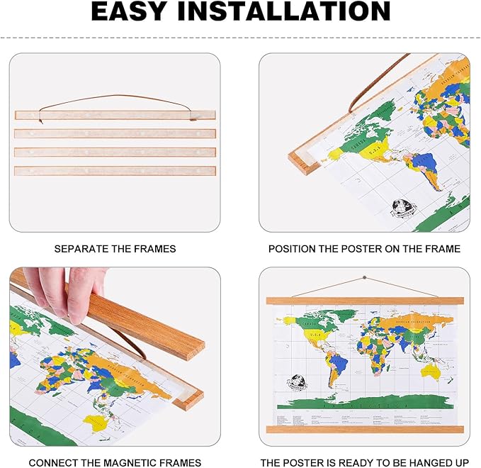 Magnetic Poster Hanger, 37x28 37x40 37x25 Poster Frame Wood Wooden Magnet Print Posters Dowel Scroll Hanger Hangers Hanging Kit for Walls Map Canvas Artwork (Teak Wood, 37")