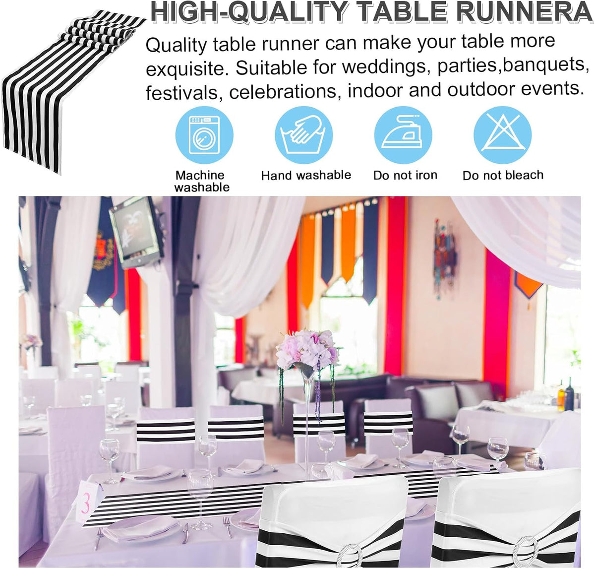 Newwiee 54 Pcs Chair Sash and Table Runner Black and White Striped