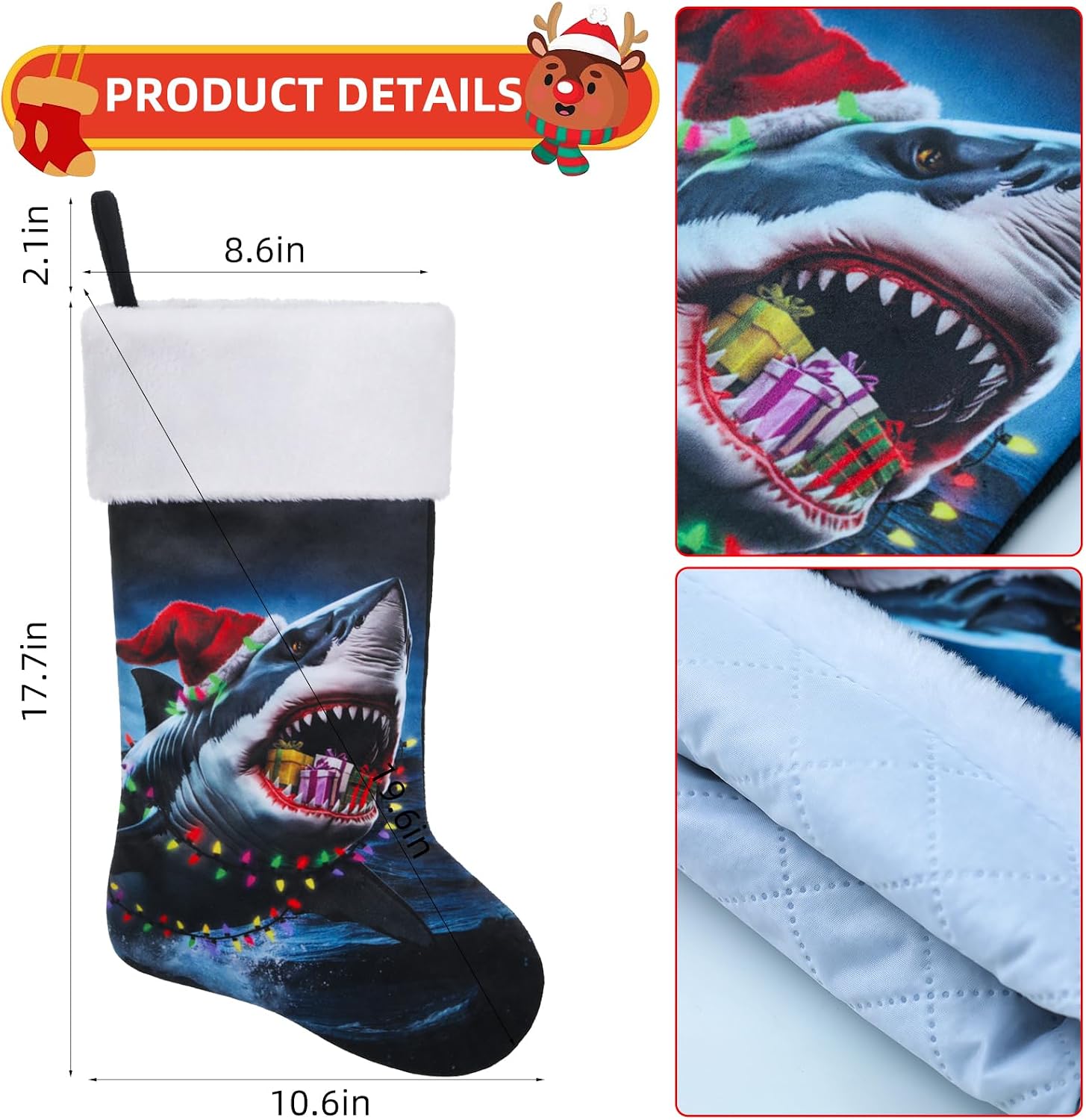 Personalized Shark Christmas Stocking 20 Inch Large, Fireplace Hanging Stockings for Holiday Decor, Ocean Theme Xmas Party Decorations, Home Festive Decor