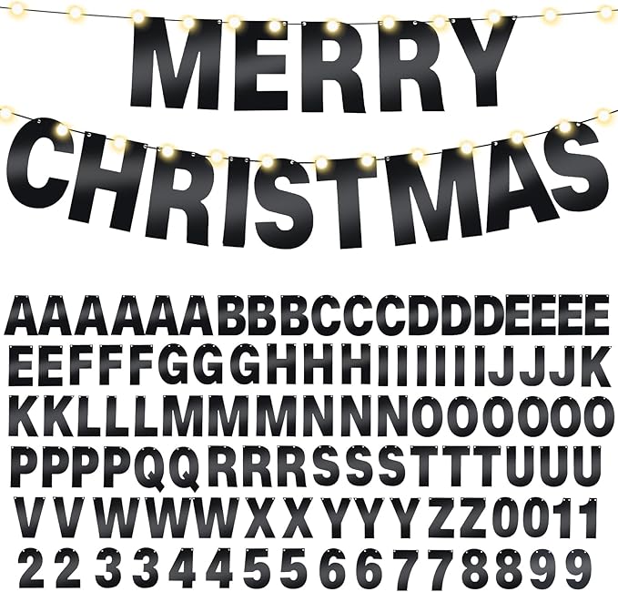 TaoBary 112 Pcs DIY Letter Kit Glitter Customizable Banner Letters Include 107 Letters and Numbers 3 Rope and 2 Needles for Birthday Halloween Christmas Wedding Valentine Party Decor(Bright Black)