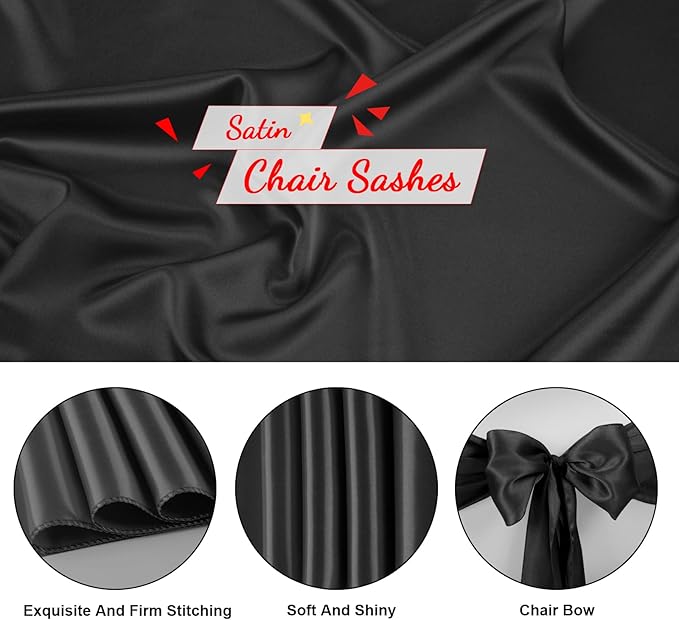 50 PCS Black Satin Chair Sashes Bows Universal Chair Ribbon Ties Back Sash for Wedding Party Reception Events Banquets Hotel Event Chair Cover Decoration (Champagne 7x108 inch)
