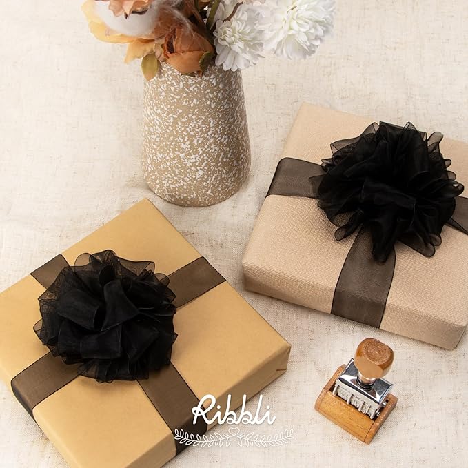 Ribbli Black Sheer Organza Ribbon,1-1/2 Inches x Continuous 50 Yard Use for Gift Wrapping,Bouquet Wrapping,Wedding Decoration,All Crafting and Sewing