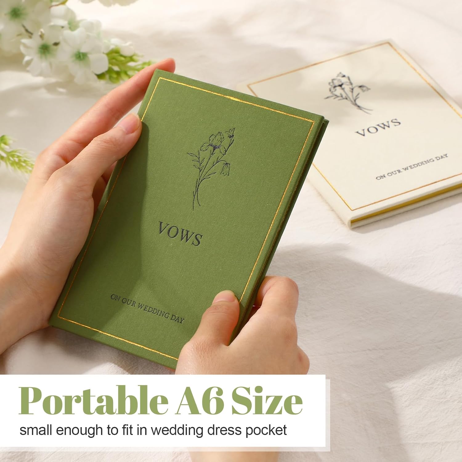 Engrowtic Set of 2 Wedding Vow Books His and Hers Vows on Our Wedding Day Notebooks with Gold Foil Fabric Cover 5.8"x 4.1" Bride and Groom Gift for Newly Engaged Couple, 60 Lined Pages(Green, Beige)