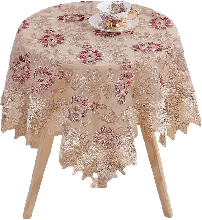 Round Embroidered Lace Tablecloth Vintage Decorative Exquisite Border Table Cover for Party Wedding Home Decorations, Round-60, Red