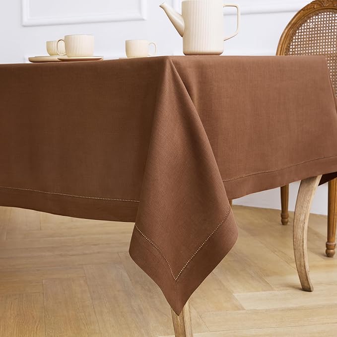 Solino Home Linen Tablecloth 60 x 108 Inch - Classic Hemstitch 100% Pure Linen Brown Table Cloth for Rectangle Tables - Machine Washable Tablecloth for Fall, Autumn, Thanksgiving