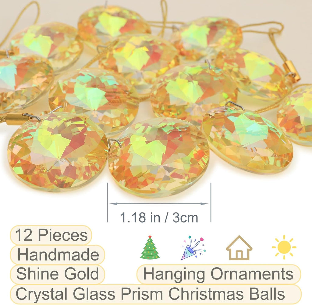 12 Pcs Crystal Glass Christmas Balls Ornaments, 1.18″ Mini Round Prism Flower Xmas Tree Decorations, Hanging Ornament for Wedding Party Home Decor (Sparkly Gold)
