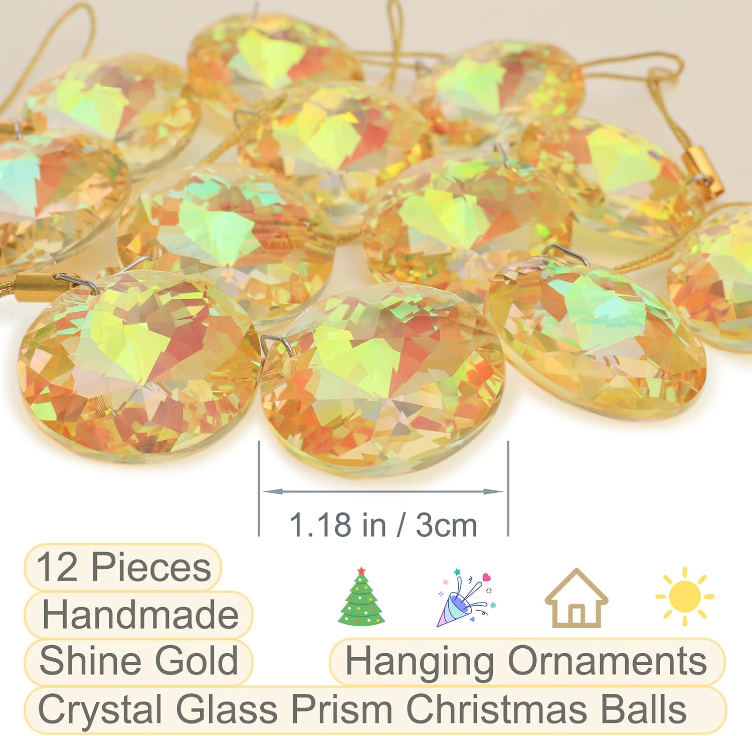 12 Pcs Crystal Glass Christmas Balls Ornaments, 1.18″ Mini Round Prism Flower Xmas Tree Decorations, Hanging Ornament for Wedding Party Home Decor (Sparkly Gold)