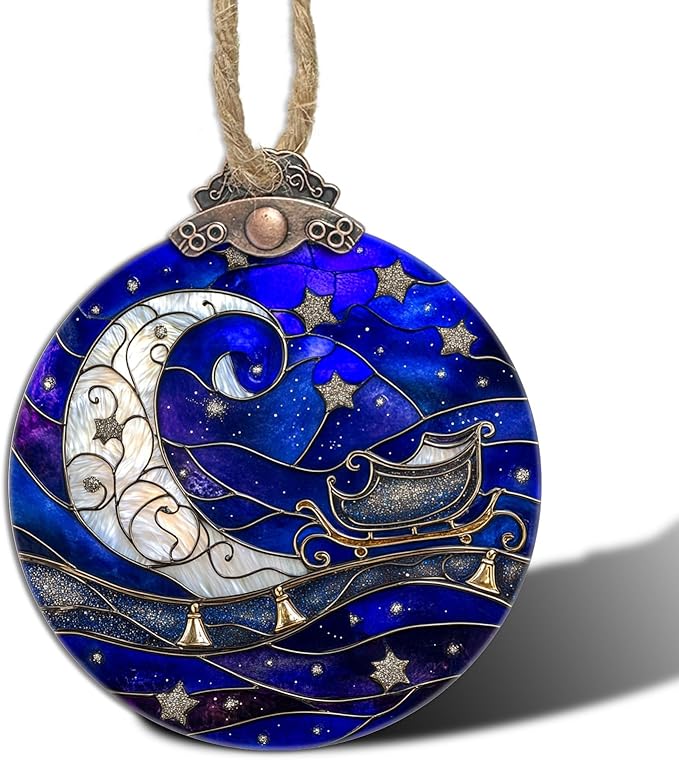 Stained Glass Christmas Decorations, Blue Starry Sky Silver Moon Suncatcher for Window Christmas Tree Hanging Ornaments Bell Sun Catcher Xmas Decor Gifts for Women Men Mom Nana Friend