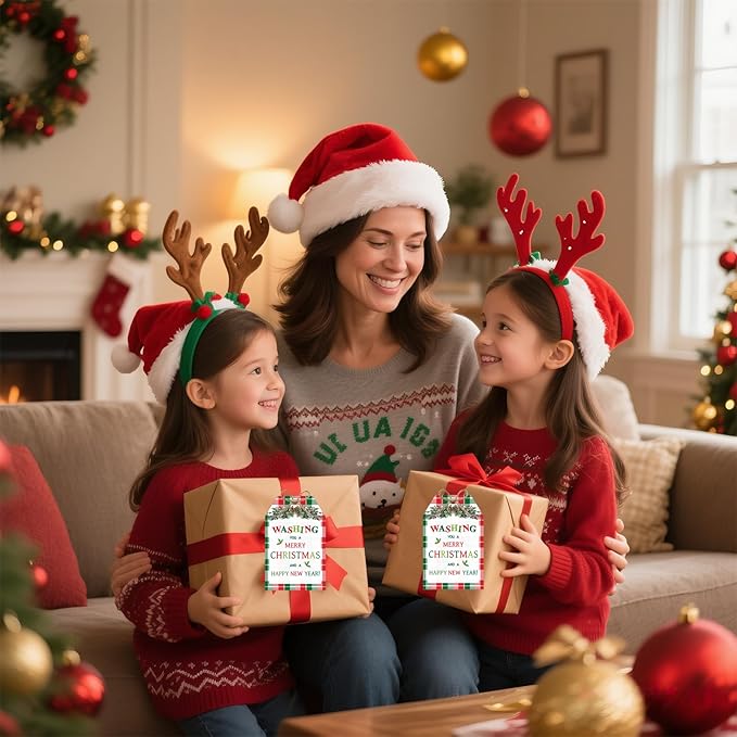 60Pcs Merry Christmas Tags with String, 3.3x2.1 Inch Buffalo Plaid Holiday Gift Tags, Xmas Happy New Year Tag with Holly for Winter Party Candy Bag Envelope Presents Gift Favor