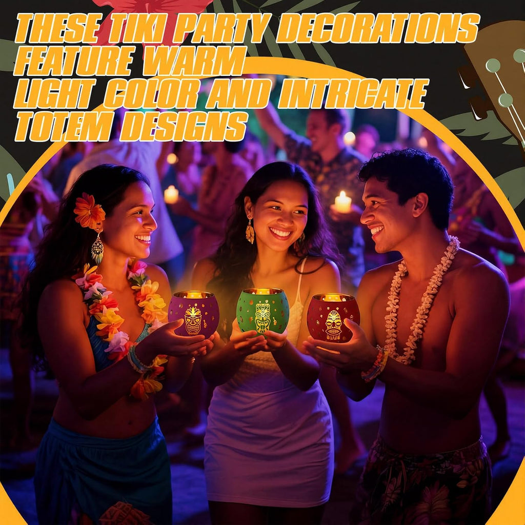 Jingmore 6 Pcs Hawaiian Luau Party Decoration Tiki Votive Candle Holder Tiki Torches Glass Candle Holder Tropical Flower Tealight Holders with 6 Laser Engraving Pattern for Hawaiian Aloha Summer Party