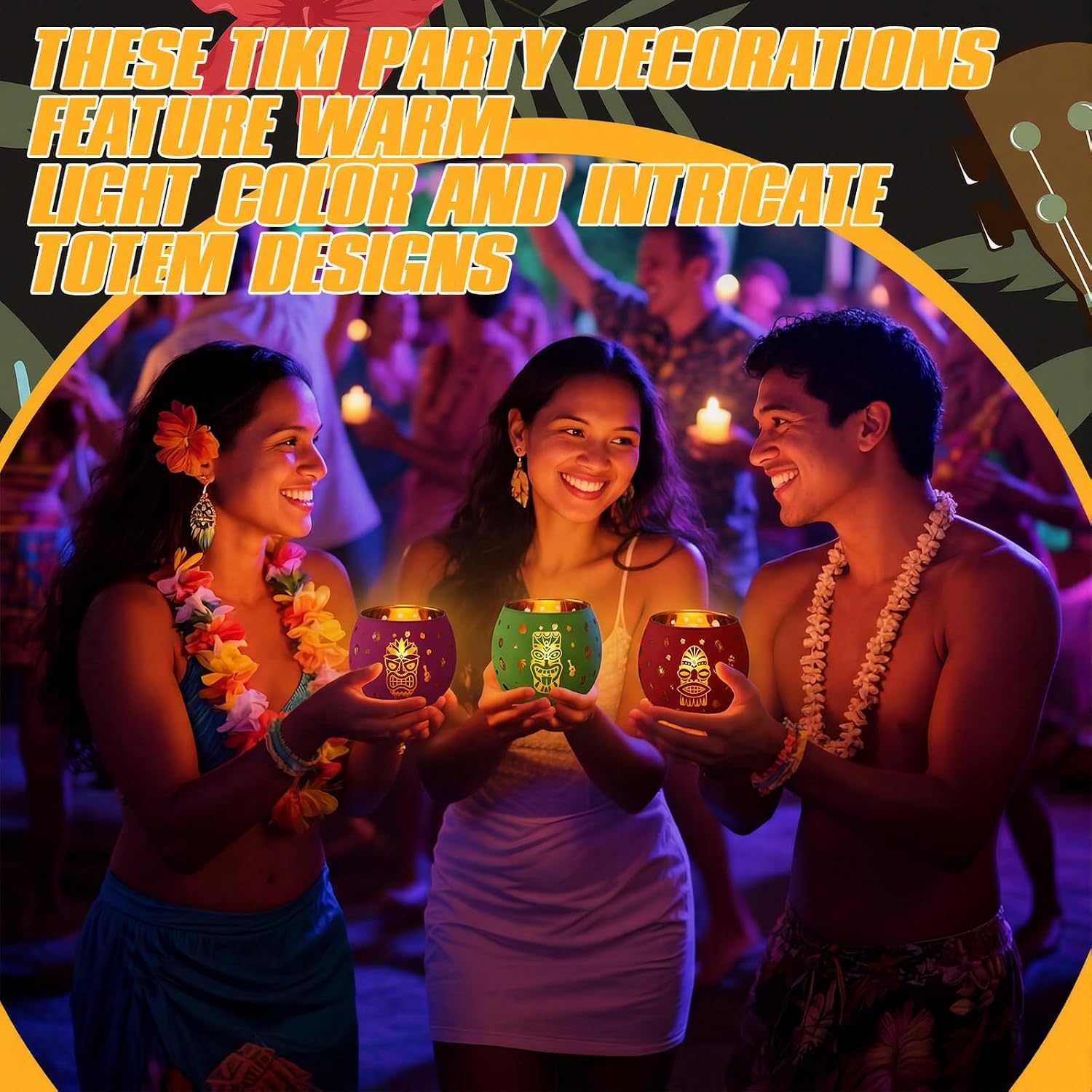 Jingmore 6 Pcs Hawaiian Luau Party Decoration Tiki Votive Candle Holder Tiki Torches Glass Candle Holder Tropical Flower Tealight Holders with 6 Laser Engraving Pattern for Hawaiian Aloha Summer Party