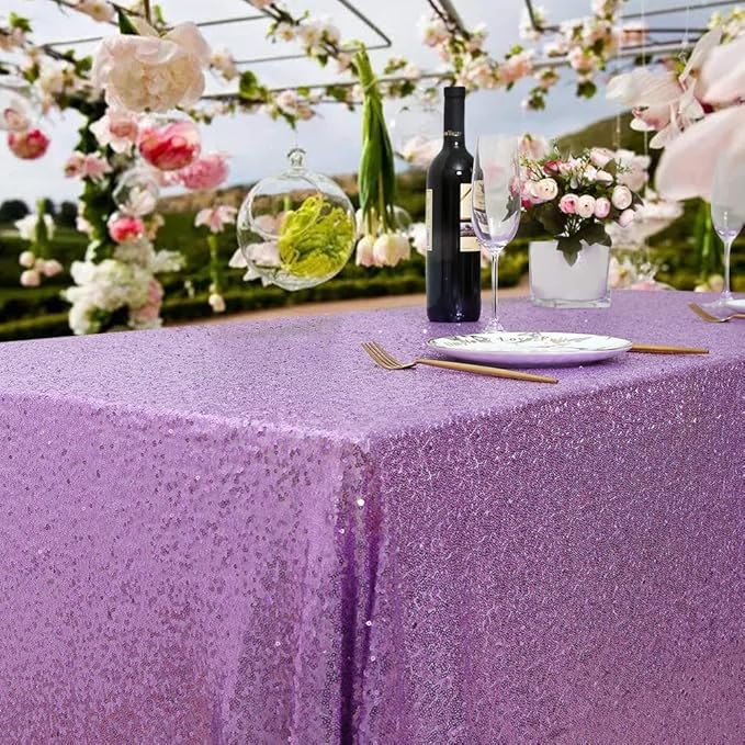 QueenDream Sequin Tablecloth 90"x132" Lavender Party Tablecloth Rectangular Seamless Sequin Table Cloth Overlay Glitter Wedding Birthday Bridal Shower Decoration
