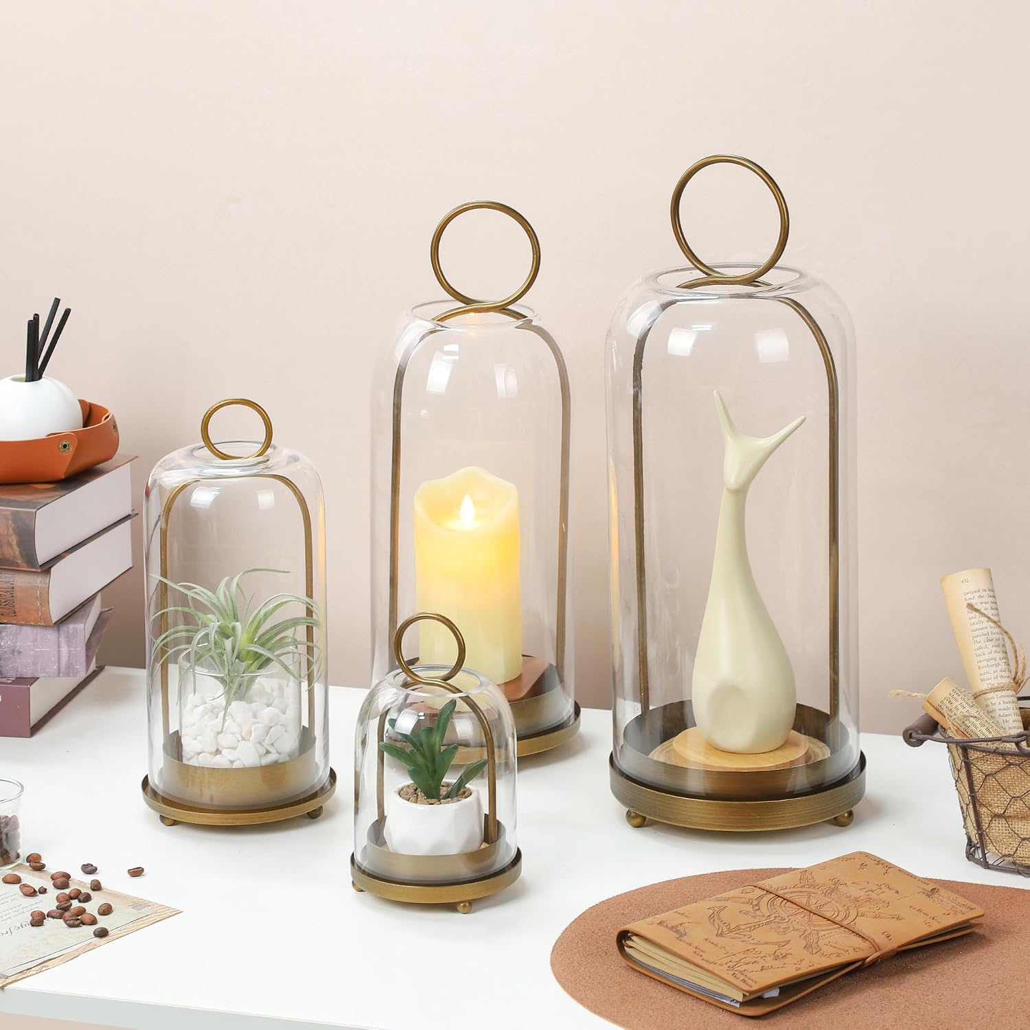 7.5" High Versatile Modern Metal Hurricane Lantern with Handmade Sturdy Glass Dome in Vintage Brass for 2" Pillar Candle & Plants, Industrial, Farmhouse, Shabby Chic (Brass, 4" x7.5 for 2" Pillar)