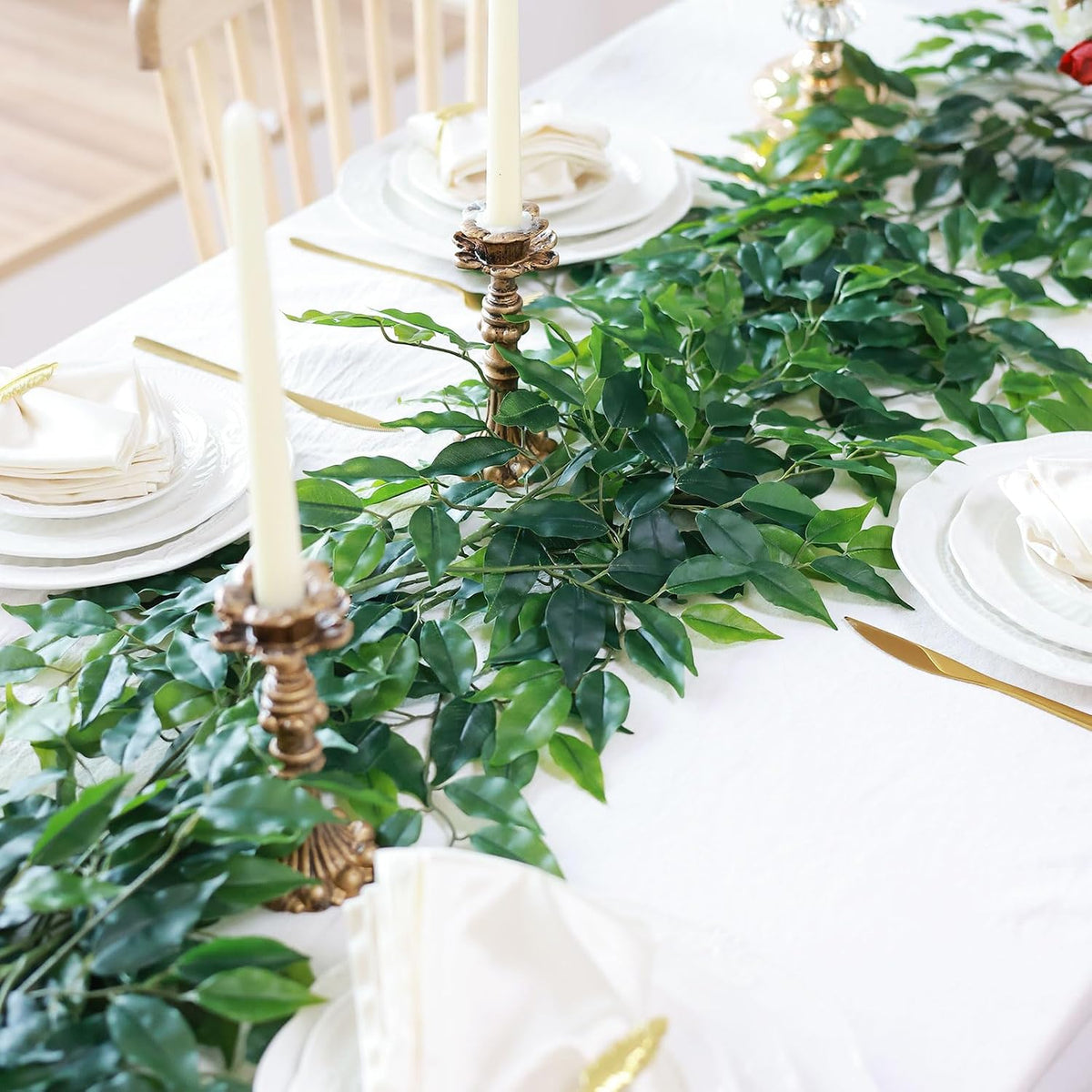 mizii 24pcs Artificial Greenery Stems Silk Green Leaves Fake 23in Ficus Garla...
